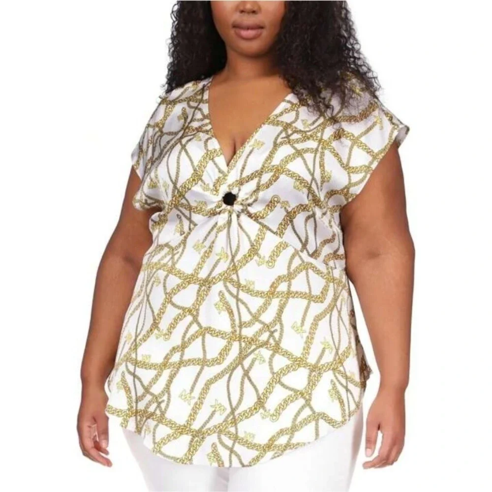 Michael Kors Chain Print Top Blouse Keyhole Neck Short Sleeve‎ White 1X